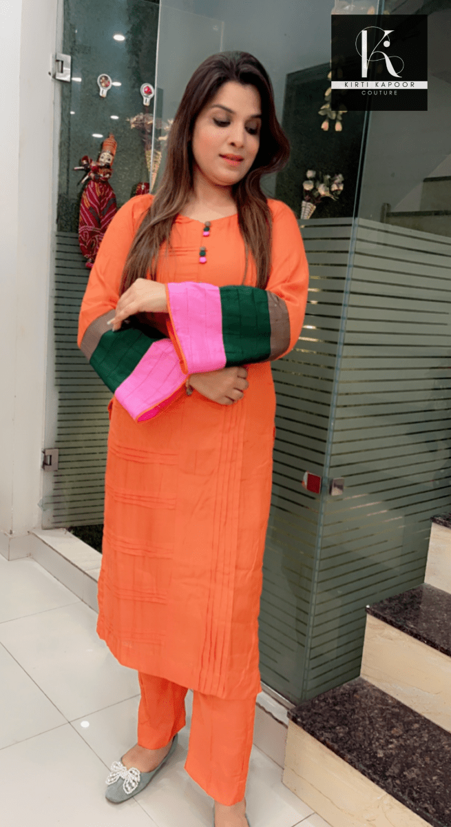 Orange Summer Co - ord Set (Tri - Color Sleeves) - Kirti Kapoor Couture