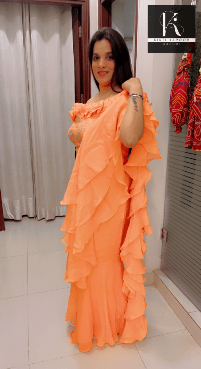 Orangish - Peach Flaired Saree by Kirti Kapoor - Kirti Kapoor Couture