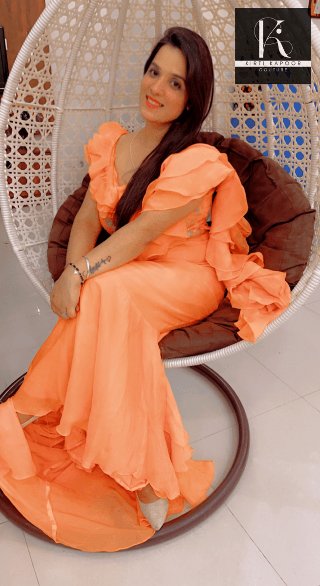 Orangish - Peach Flaired Saree by Kirti Kapoor - Kirti Kapoor Couture