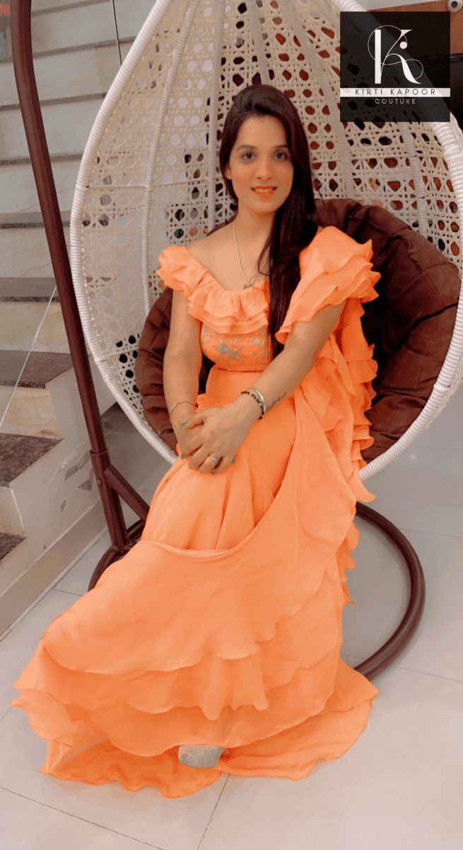Orangish - Peach Flaired Saree by Kirti Kapoor - Kirti Kapoor Couture