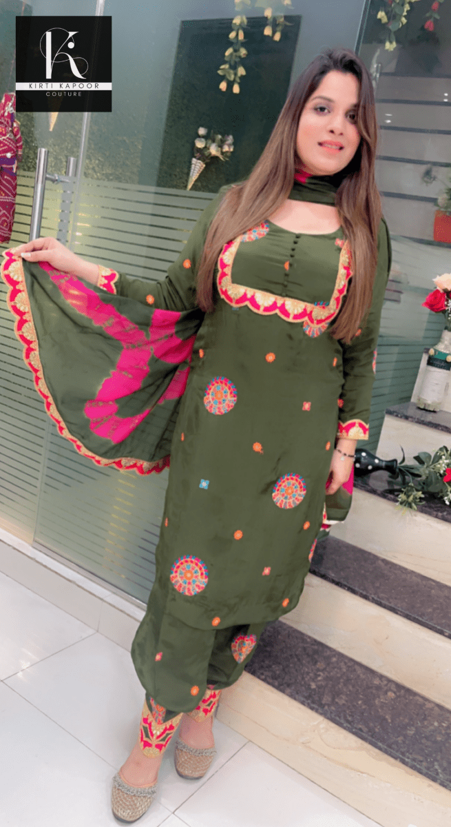 Overall Embroidered Salwar Suit (Green with Pink Highlights) - Kirti Kapoor Couture