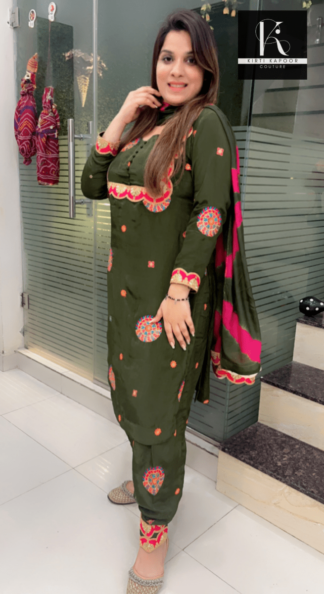Overall Embroidered Salwar Suit (Green with Pink Highlights) - Kirti Kapoor Couture