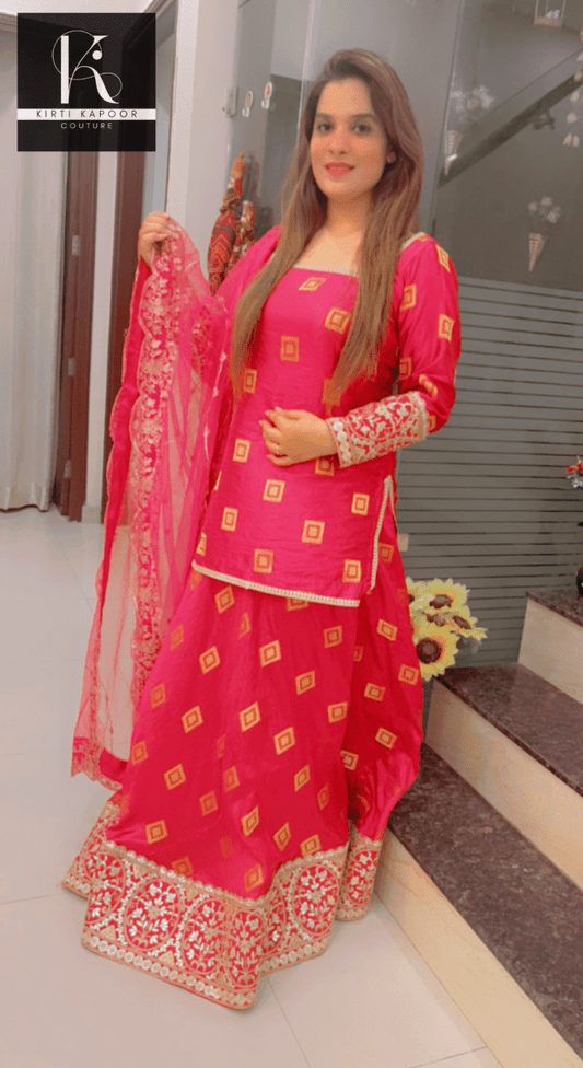 Overall Shirt & Skirt Along With An Embroidered Net Dupatta - Kirti Kapoor Couture