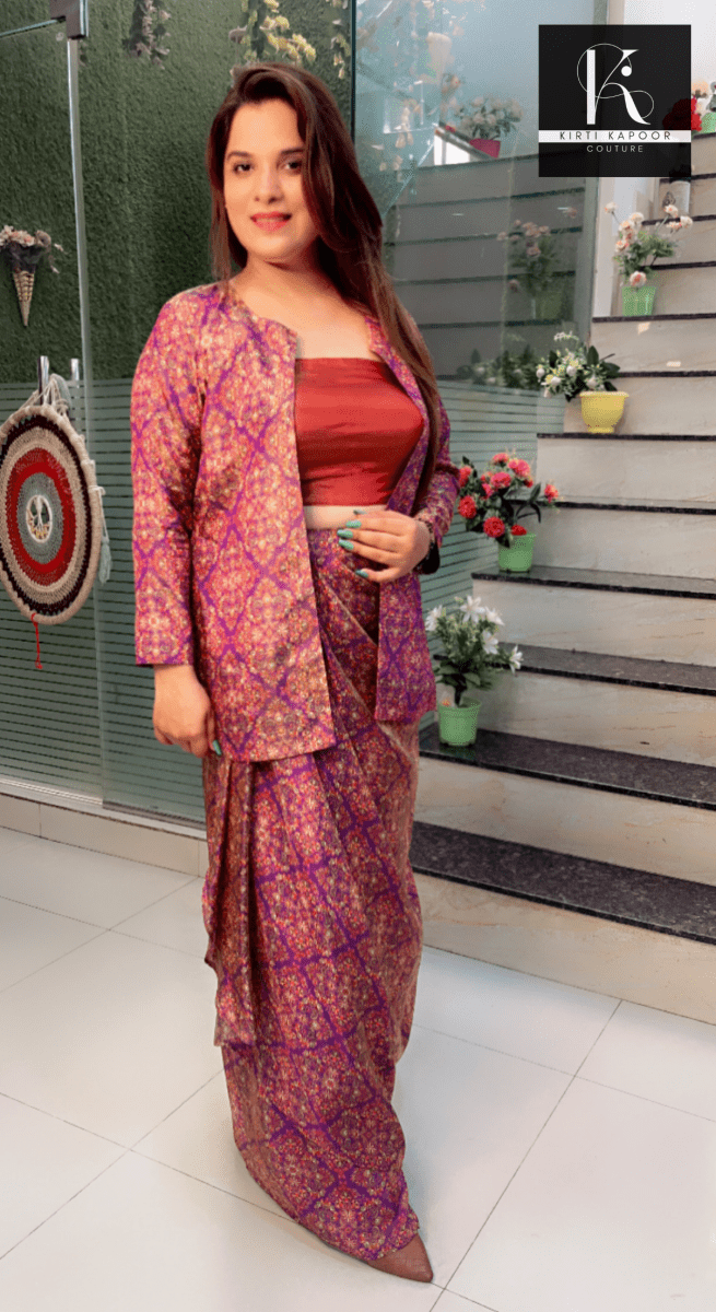 Overall Worked Shimmer Three Piece Drape Dress - Kirti Kapoor Couture
