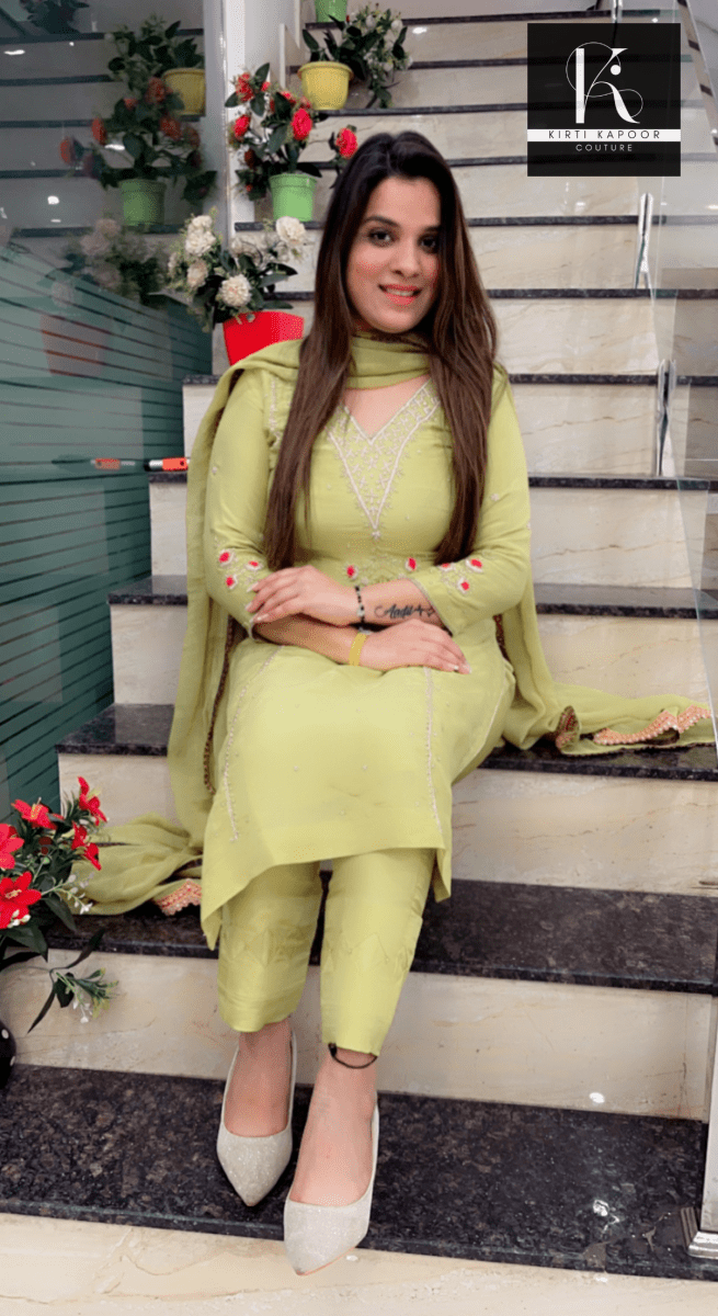 Parrot Green Embroidered Suit (With Hot Pink Highlights) - Kirti Kapoor Couture