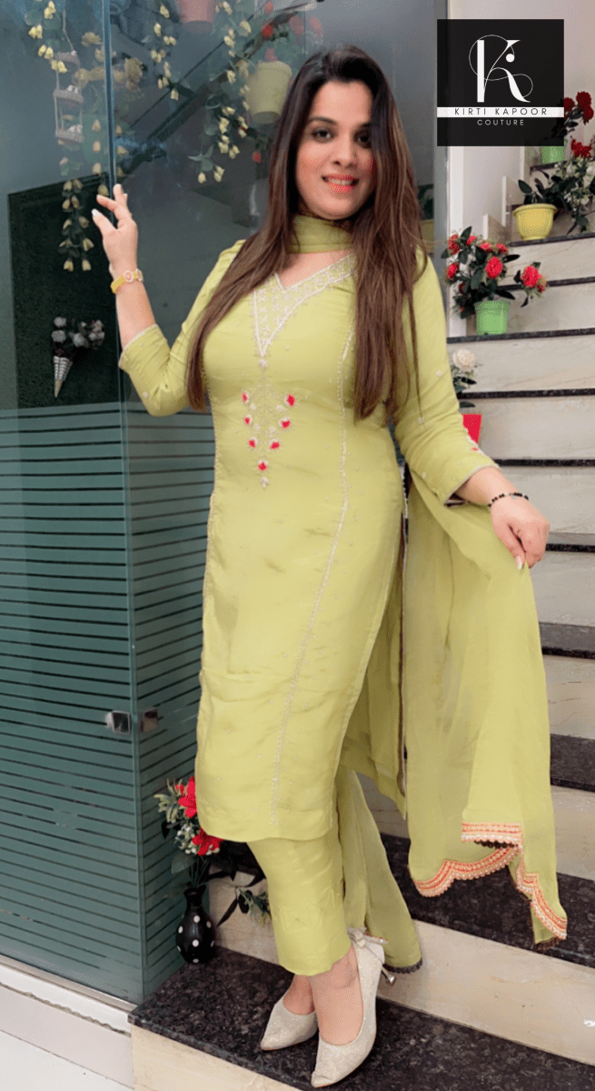Parrot Green Embroidered Suit (With Hot Pink Highlights) - Kirti Kapoor Couture