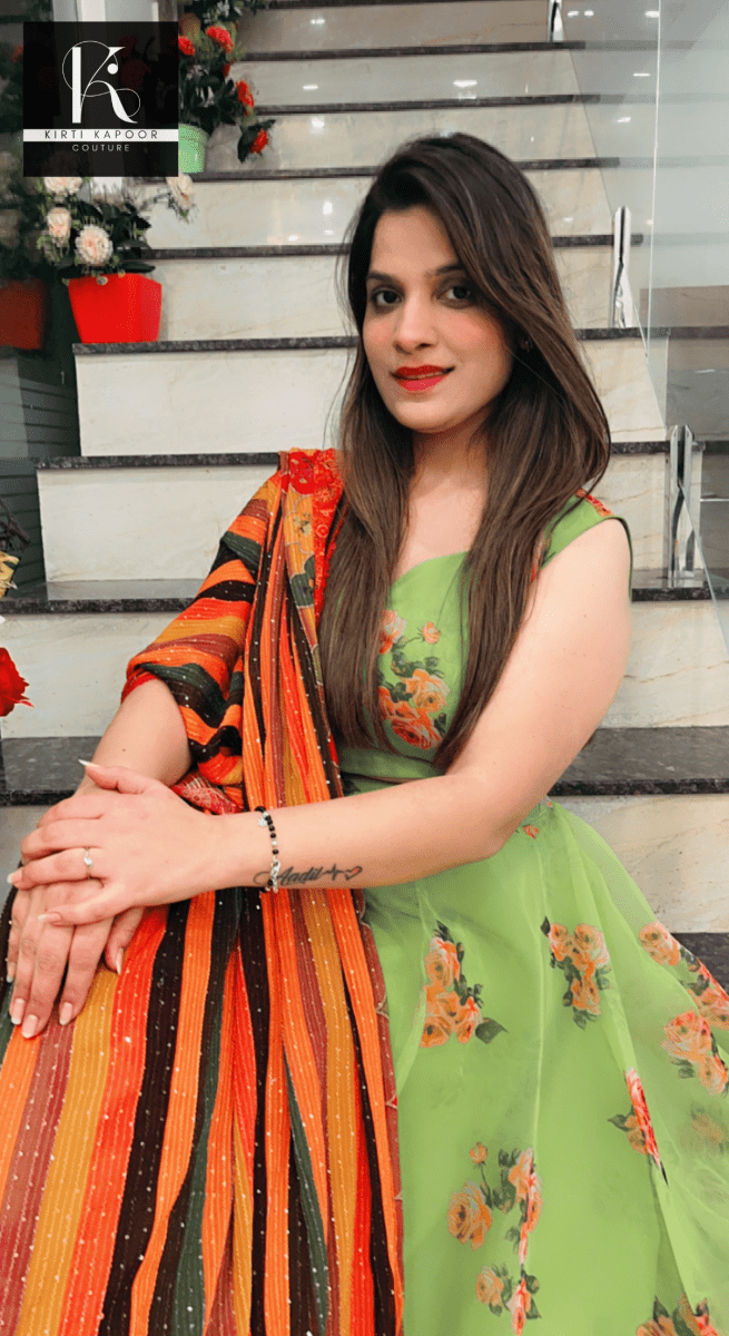 Parrot Green Organza Skirt - Top with Dupatta - Kirti Kapoor Couture
