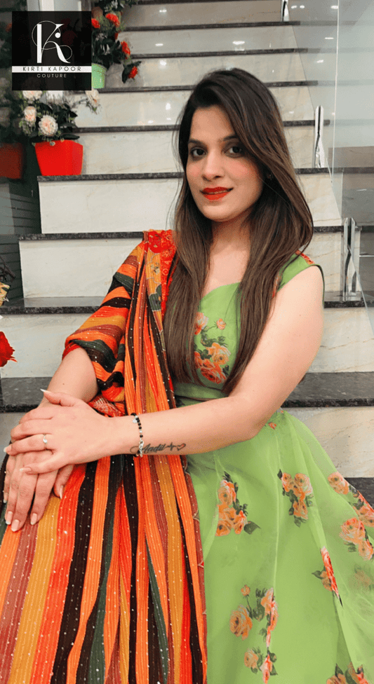 Parrot Green Organza Skirt - Top with Dupatta - Kirti Kapoor Couture