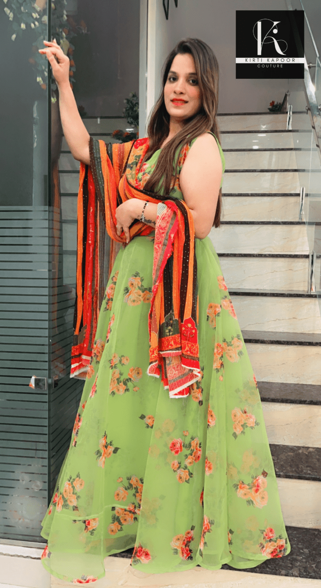 Parrot Green Organza Skirt - Top with Dupatta - Kirti Kapoor Couture
