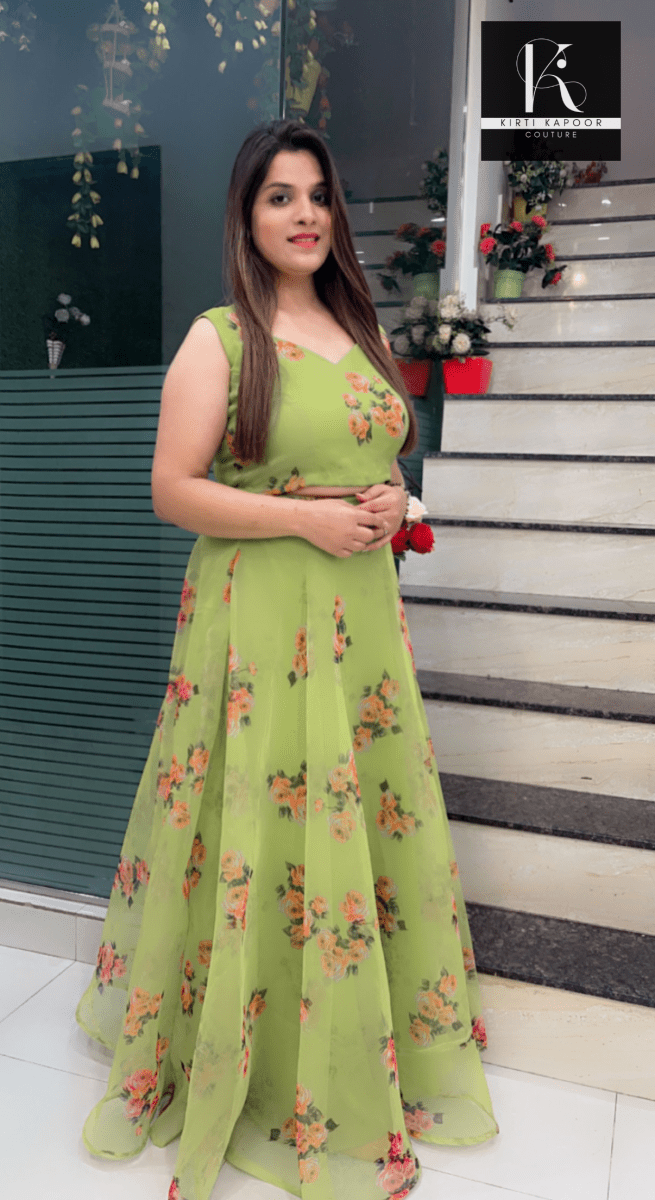 Parrot Green Organza Skirt - Top with Dupatta - Kirti Kapoor Couture