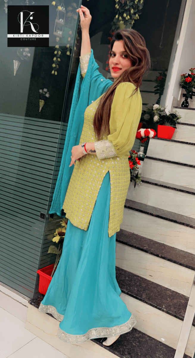 Partywear Embroidered Suit in Yellow and Blue Combination - Kirti Kapoor Couture