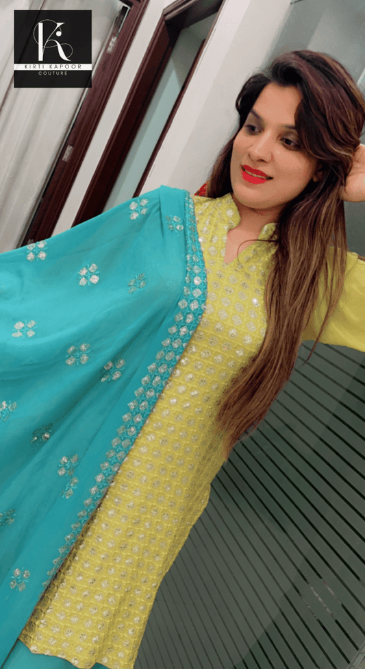 Partywear Embroidered Suit in Yellow and Blue Combination - Kirti Kapoor Couture