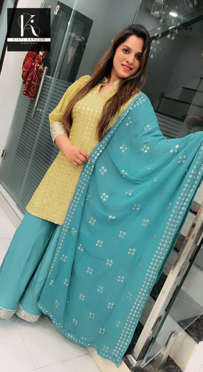 Partywear Embroidered Suit in Yellow and Blue Combination - Kirti Kapoor Couture