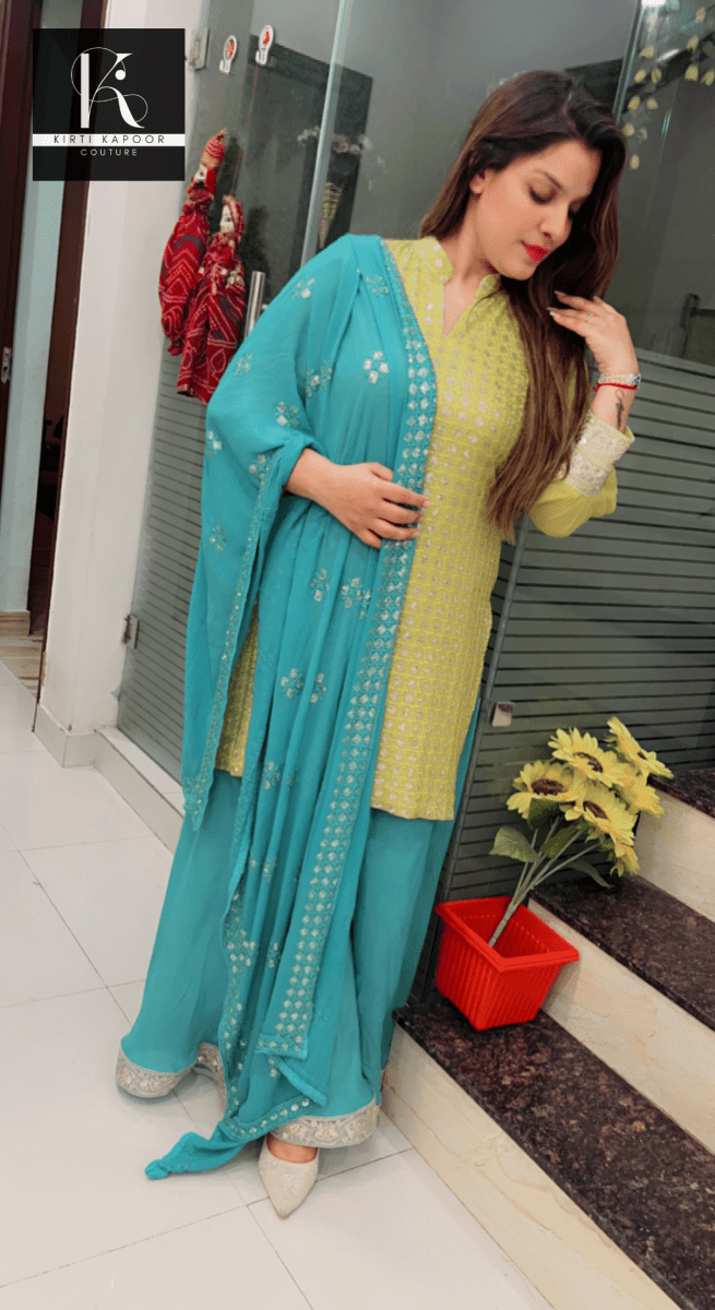 Partywear Embroidered Suit in Yellow and Blue Combination - Kirti Kapoor Couture