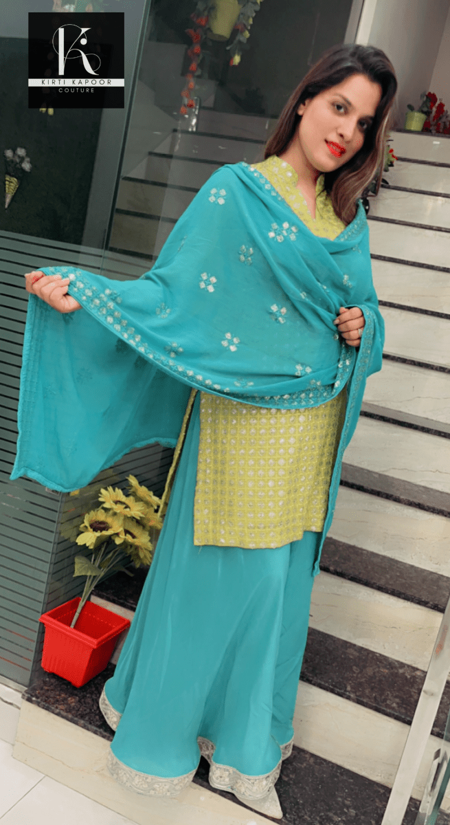 Partywear Embroidered Suit in Yellow and Blue Combination - Kirti Kapoor Couture