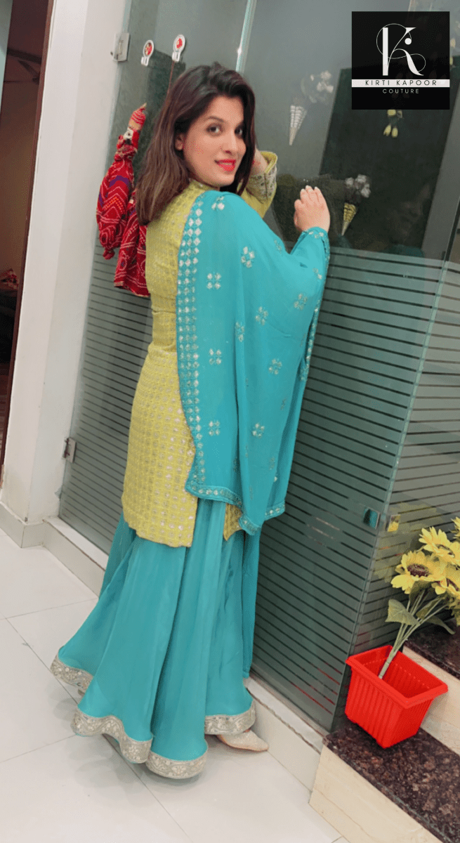 Partywear Embroidered Suit in Yellow and Blue Combination - Kirti Kapoor Couture