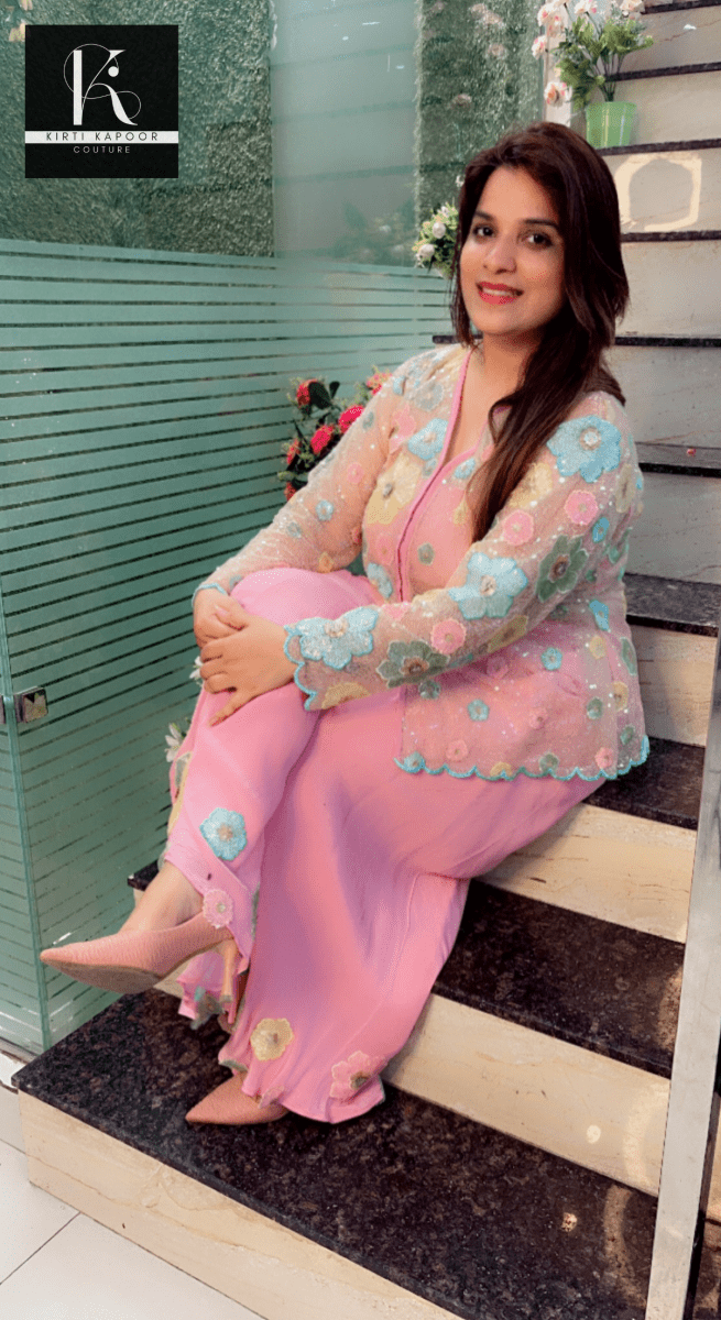 Pastel Shaded Three - Piece Set (Worked Net Jacket) - Kirti Kapoor Couture