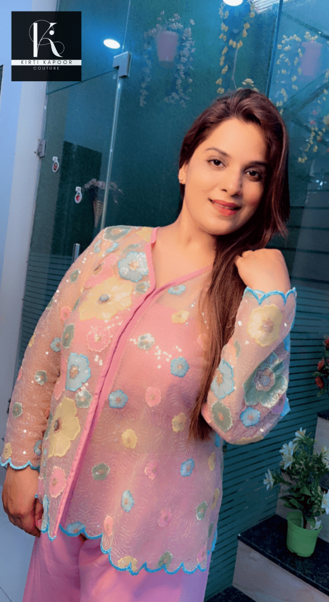Pastel Shaded Three - Piece Set (Worked Net Jacket) - Kirti Kapoor Couture