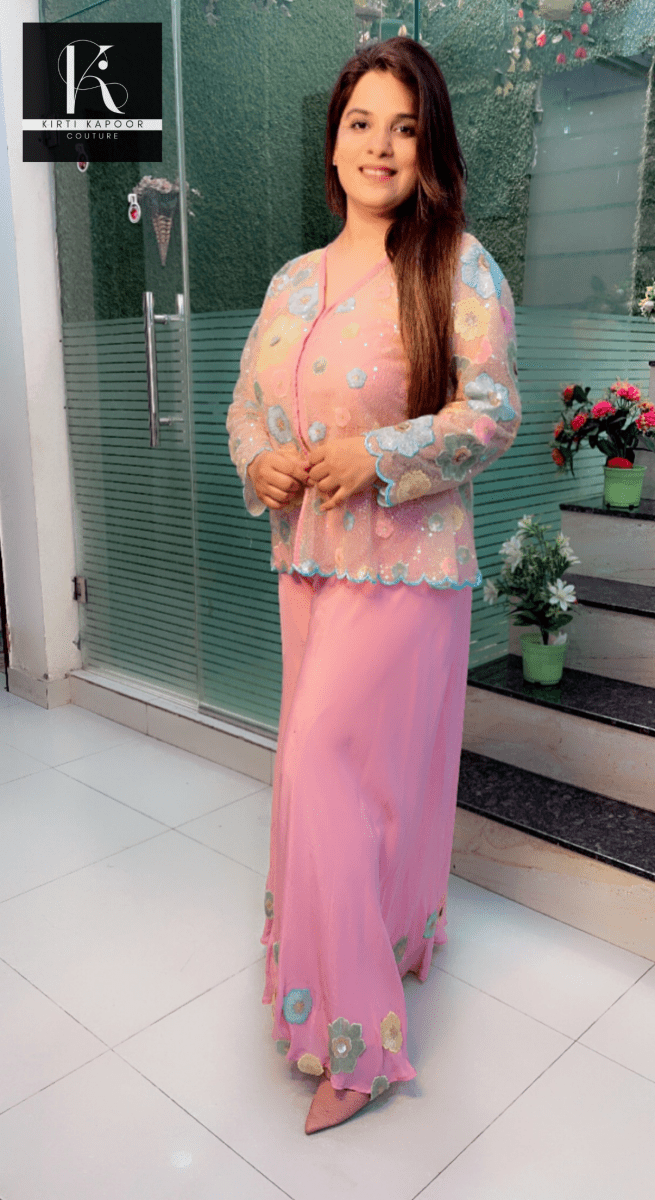 Pastel Shaded Three - Piece Set (Worked Net Jacket) - Kirti Kapoor Couture