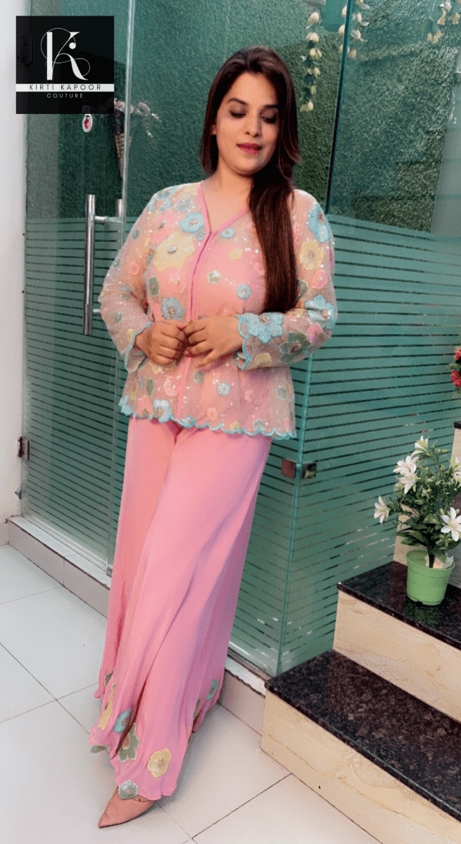 Pastel Shaded Three - Piece Set (Worked Net Jacket) - Kirti Kapoor Couture