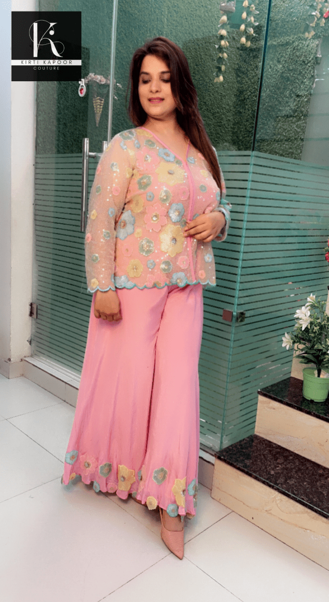 Pastel Shaded Three - Piece Set (Worked Net Jacket) - Kirti Kapoor Couture