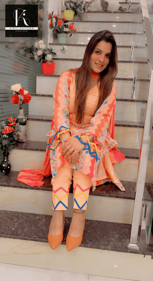 Peach Boutique Fabric Suit with Colorful Designing - Kirti Kapoor Couture