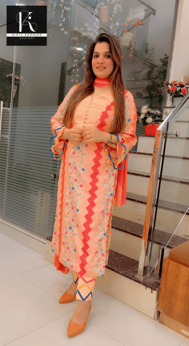 Peach Boutique Fabric Suit with Colorful Designing - Kirti Kapoor Couture