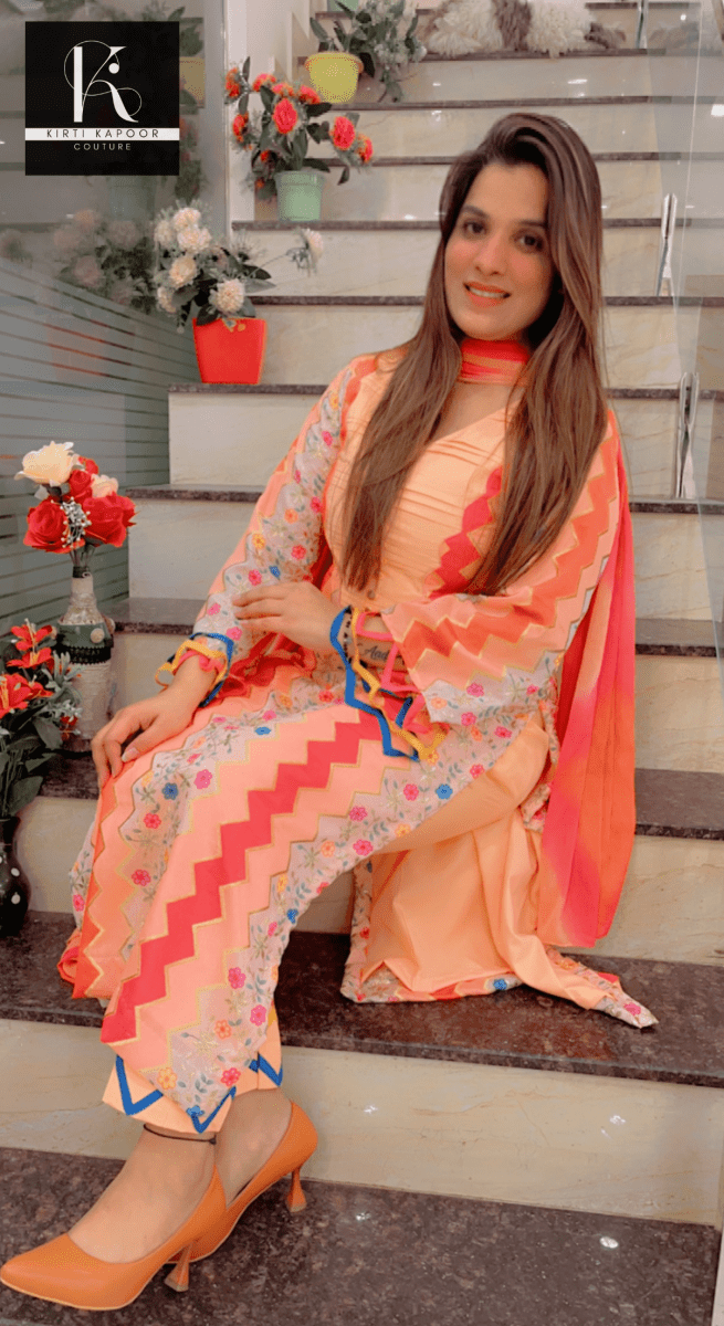 Peach Boutique Fabric Suit with Colorful Designing - Kirti Kapoor Couture