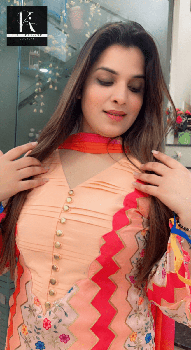 Peach Boutique Fabric Suit with Colorful Designing - Kirti Kapoor Couture