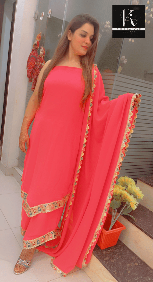 Peach designer Suit with Plazo & Dupatta - Kirti Kapoor Couture