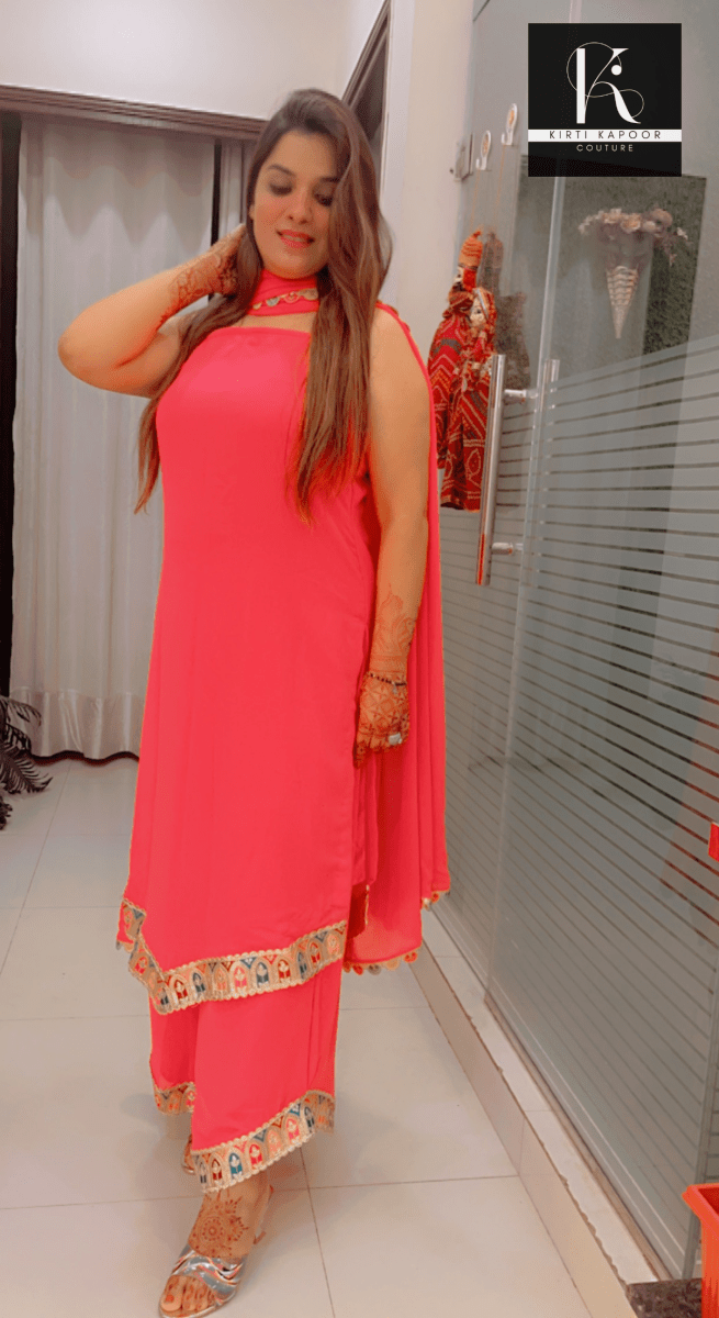 Peach designer Suit with Plazo & Dupatta - Kirti Kapoor Couture