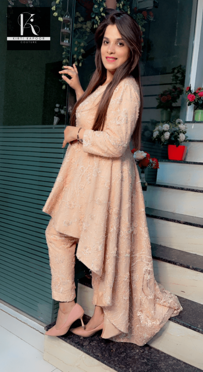 Peach Embroidered Net Fabric Dress with Heavy Dupatta - Kirti Kapoor Couture