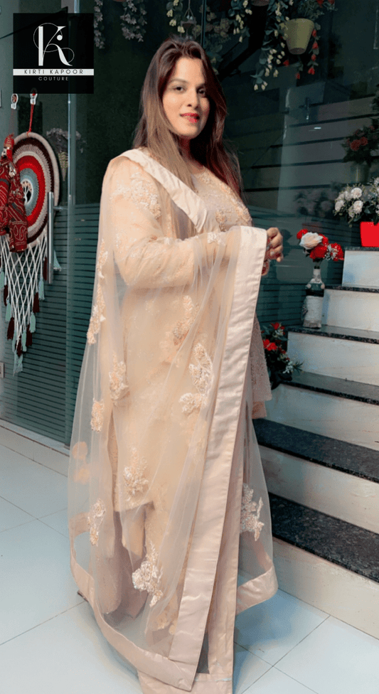 Peach Embroidered Net Fabric Dress with Heavy Dupatta - Kirti Kapoor Couture