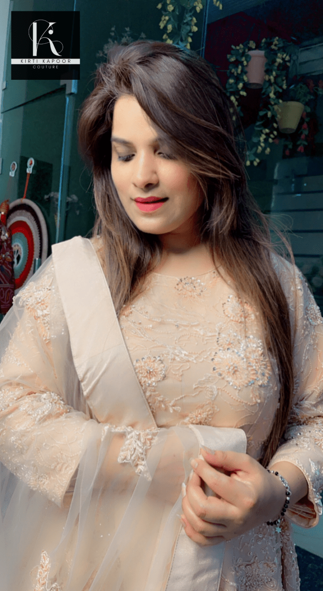 Peach Embroidered Net Fabric Dress with Heavy Dupatta - Kirti Kapoor Couture