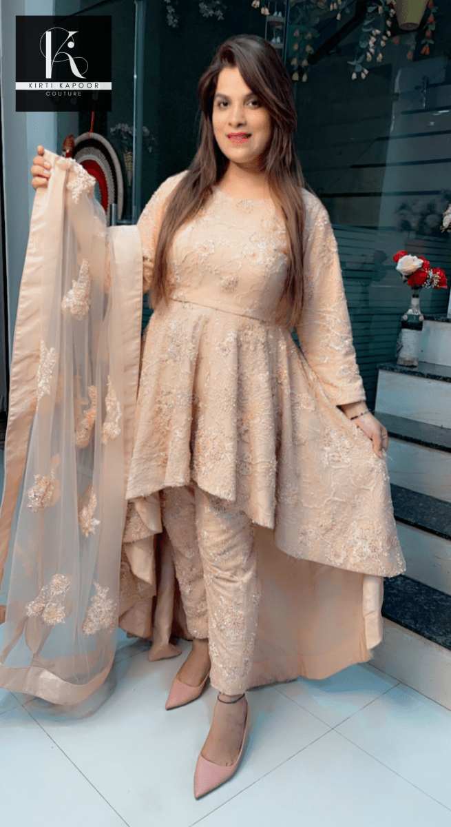 Peach Embroidered Net Fabric Dress with Heavy Dupatta - Kirti Kapoor Couture