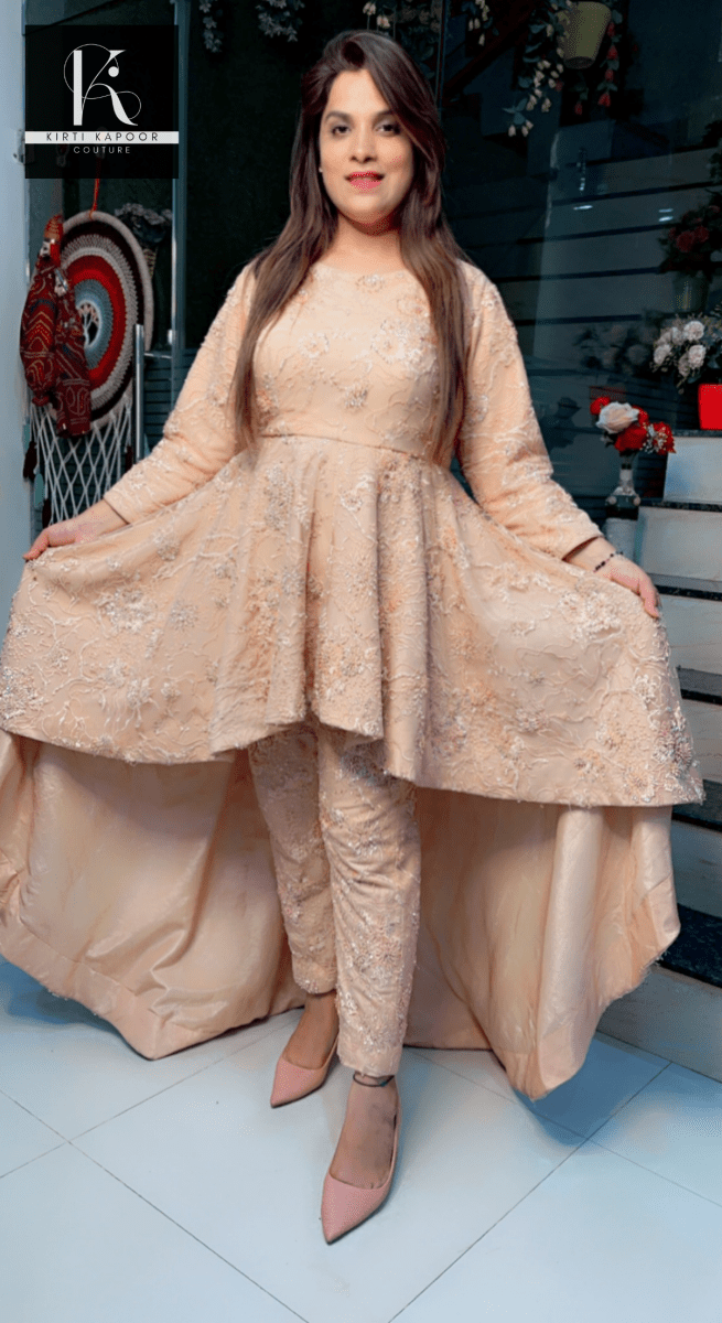 Peach Embroidered Net Fabric Dress with Heavy Dupatta - Kirti Kapoor Couture