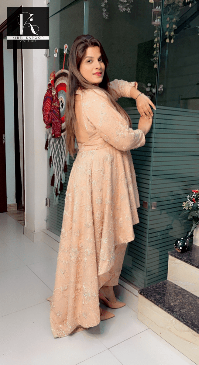 Peach Embroidered Net Fabric Dress with Heavy Dupatta - Kirti Kapoor Couture