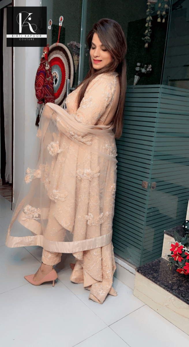Peach Embroidered Net Fabric Dress with Heavy Dupatta - Kirti Kapoor Couture