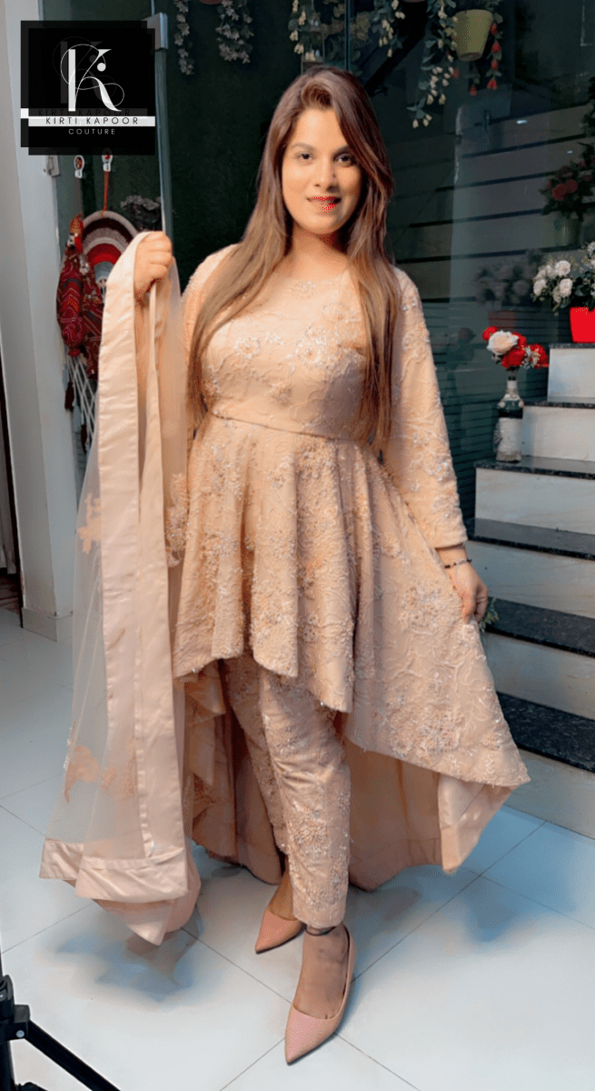 Peach Embroidered Net Fabric Dress with Heavy Dupatta - Kirti Kapoor Couture