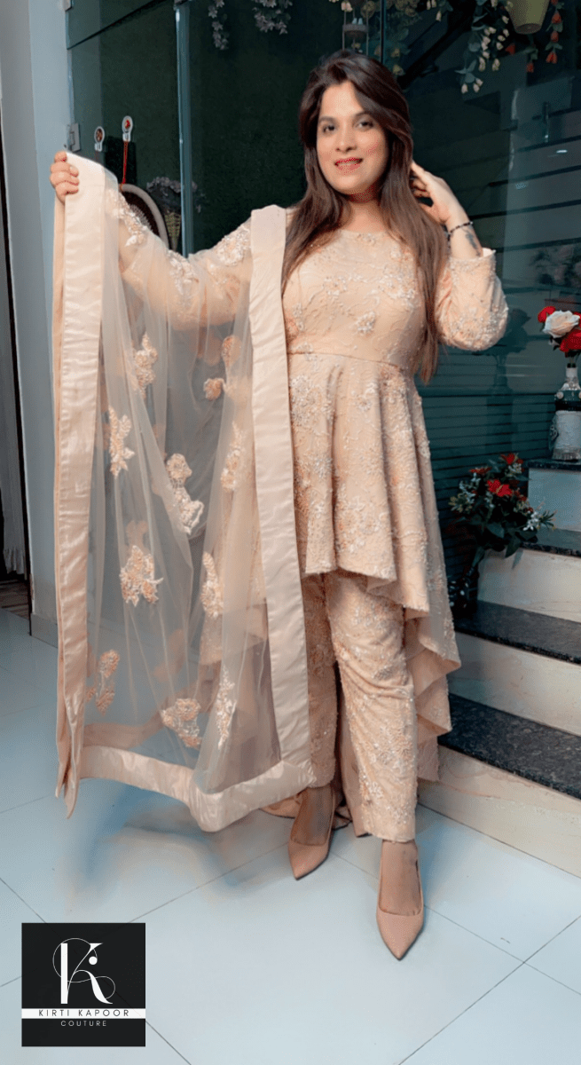 Peach Embroidered Net Fabric Dress with Heavy Dupatta - Kirti Kapoor Couture