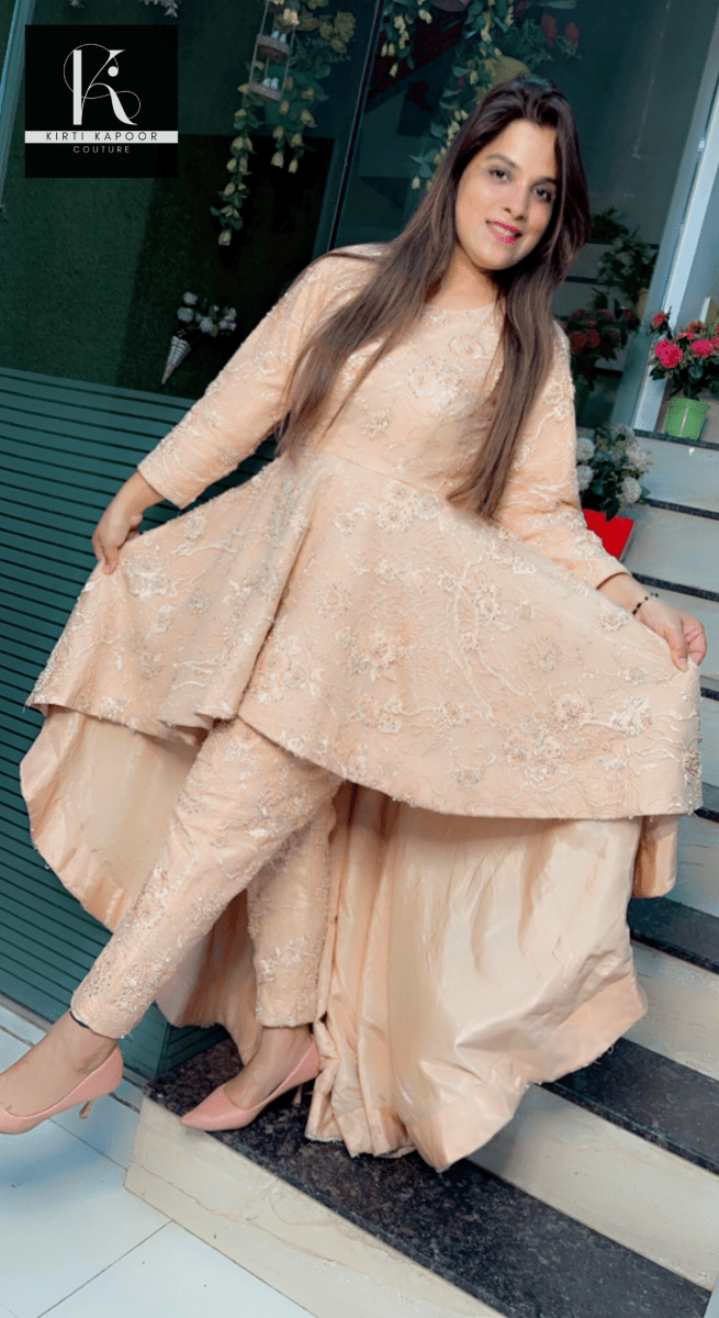 Peach Embroidered Net Fabric Dress with Heavy Dupatta - Kirti Kapoor Couture