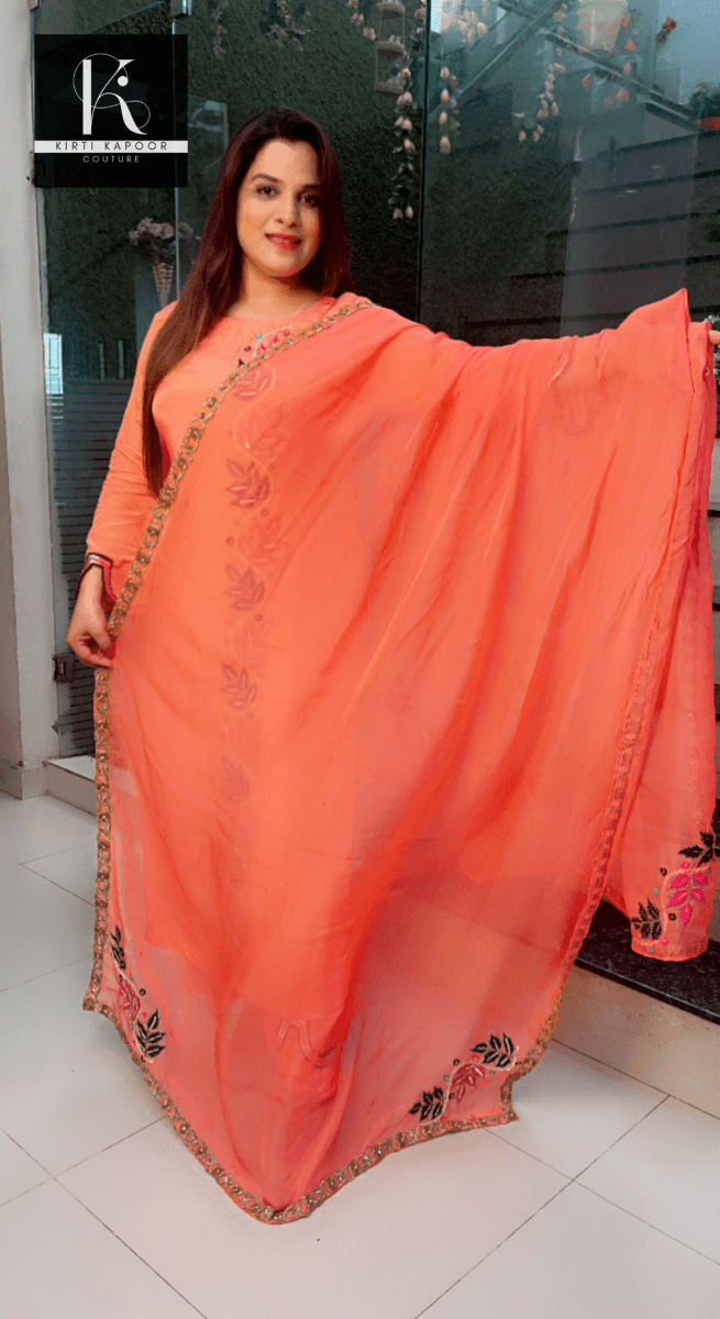 Peach Hand - Embroidered Suit with Heavy Dupatta - Kirti Kapoor Couture