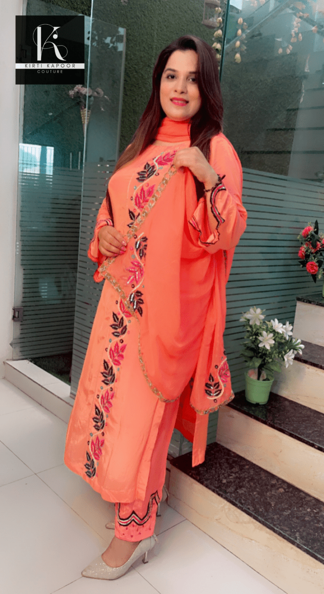 Peach Hand - Embroidered Suit with Heavy Dupatta - Kirti Kapoor Couture