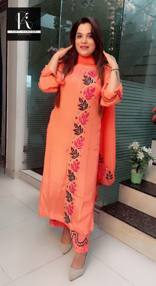 Peach Hand - Embroidered Suit with Heavy Dupatta - Kirti Kapoor Couture