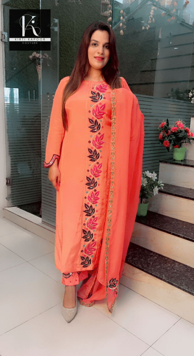 Peach Hand - Embroidered Suit with Heavy Dupatta - Kirti Kapoor Couture