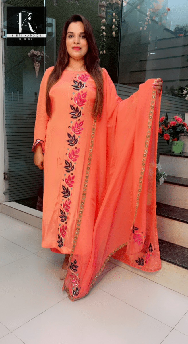 Peach Hand - Embroidered Suit with Heavy Dupatta - Kirti Kapoor Couture