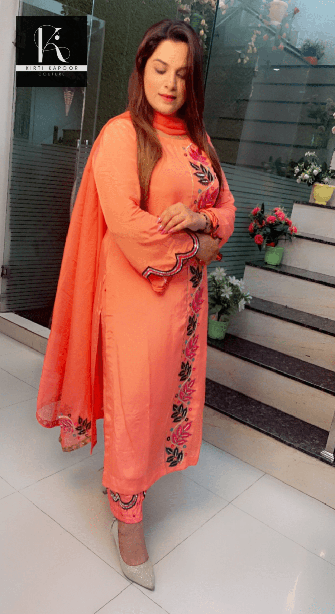 Peach Hand - Embroidered Suit with Heavy Dupatta - Kirti Kapoor Couture