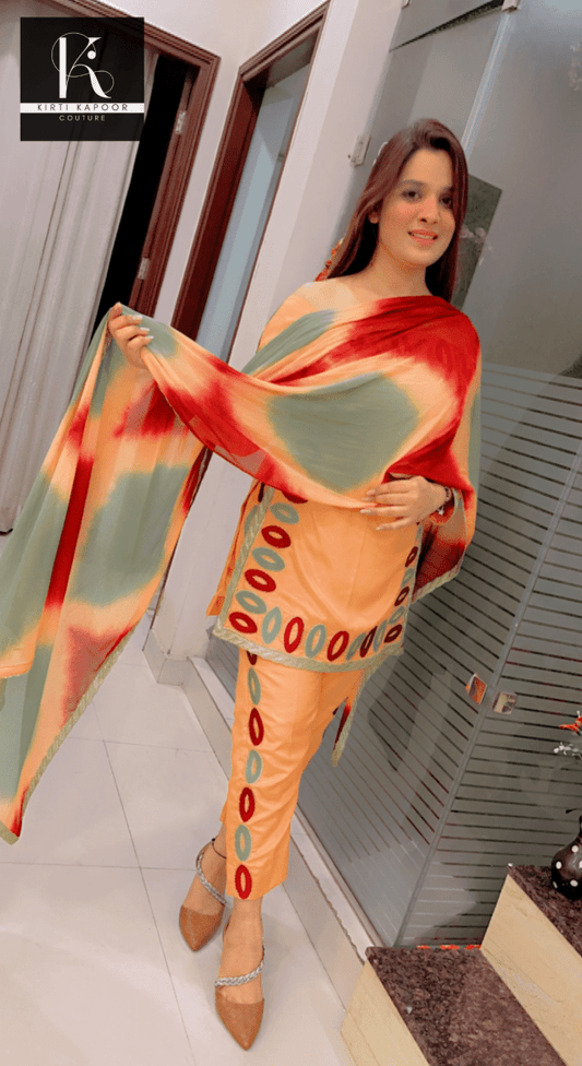Peach - Orangish Embroidered Suit - Kirti Kapoor Couture