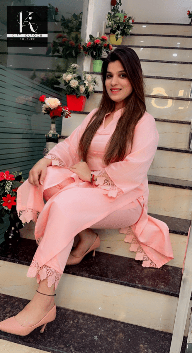 Peach - Pink Kurti and Pant Set (Cotton Lace - Work Highlighting) - Kirti Kapoor Couture