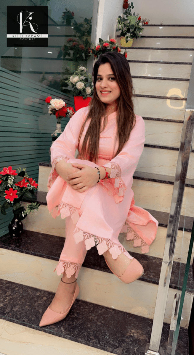 Peach - Pink Kurti and Pant Set (Cotton Lace - Work Highlighting) - Kirti Kapoor Couture